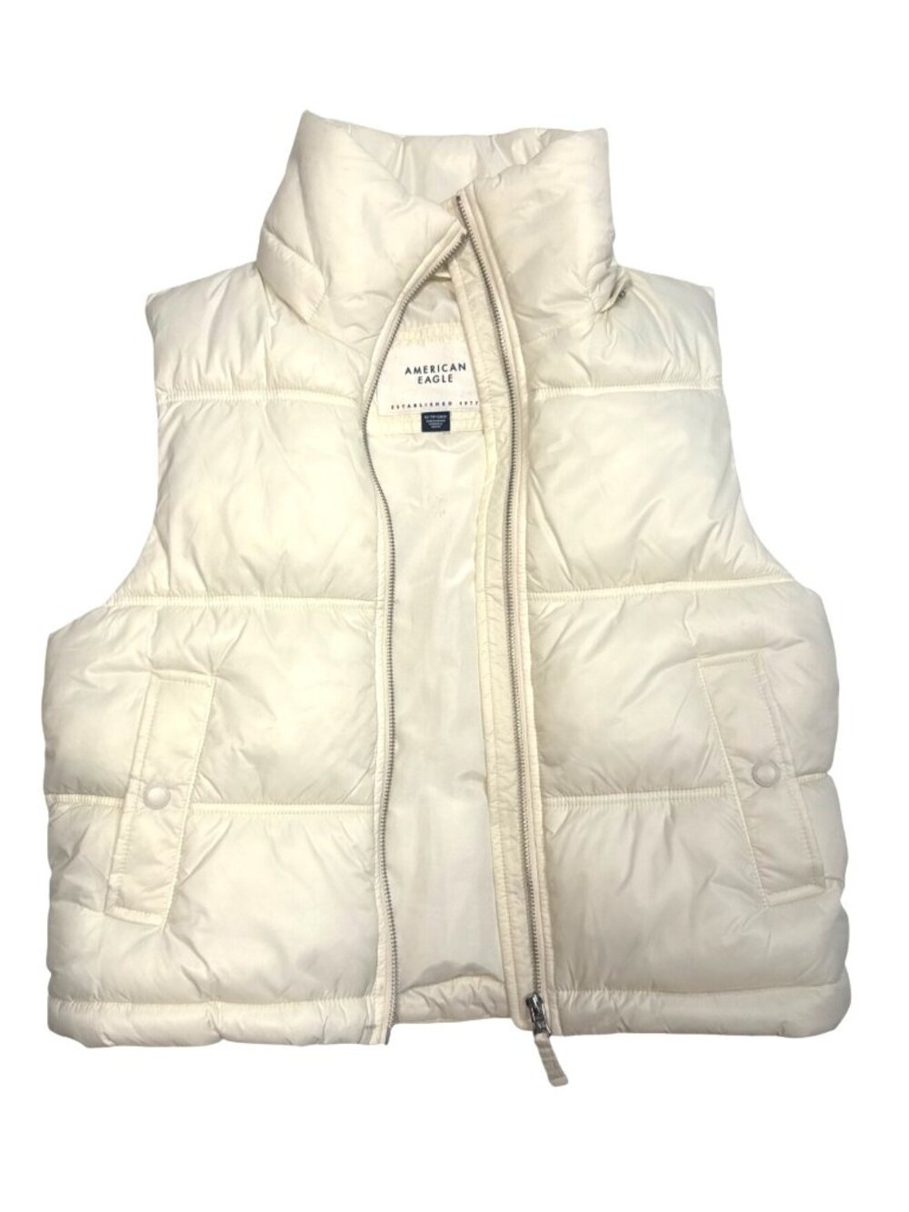 American Eagle Women's XS Puffer Vest Recycled Nylon Ivory Zip-Up Winter